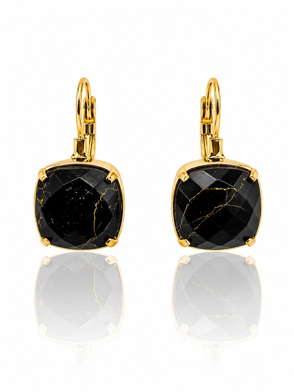 Gold Leverback Black Drop Earrings
